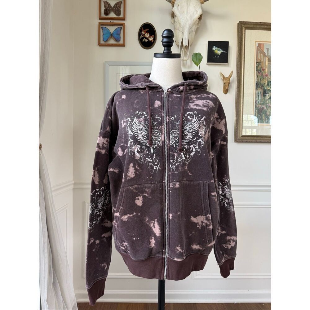 Y2K Daisy Street Bleach Tie Dye Oversize Full Zip Hoodie Purple Wings S